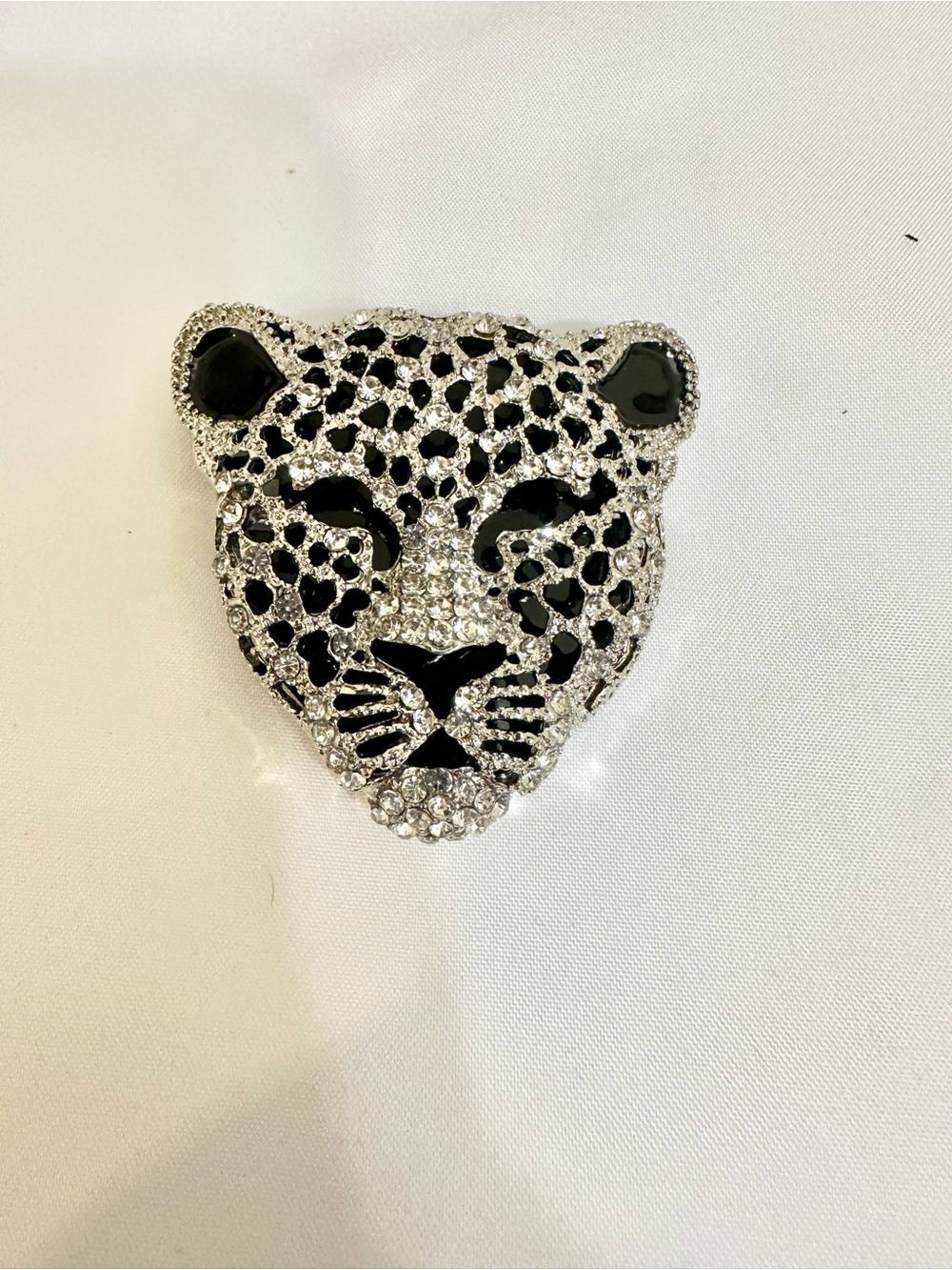 Black & Crystal Leopard Face Brooch